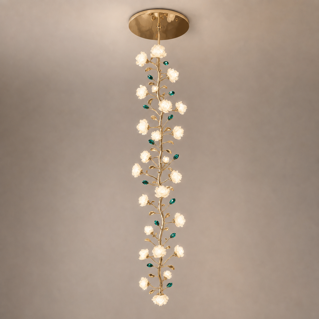 
Sylverelle Handmade Ceramic Flower & Crystal Long Chandelier – Custom