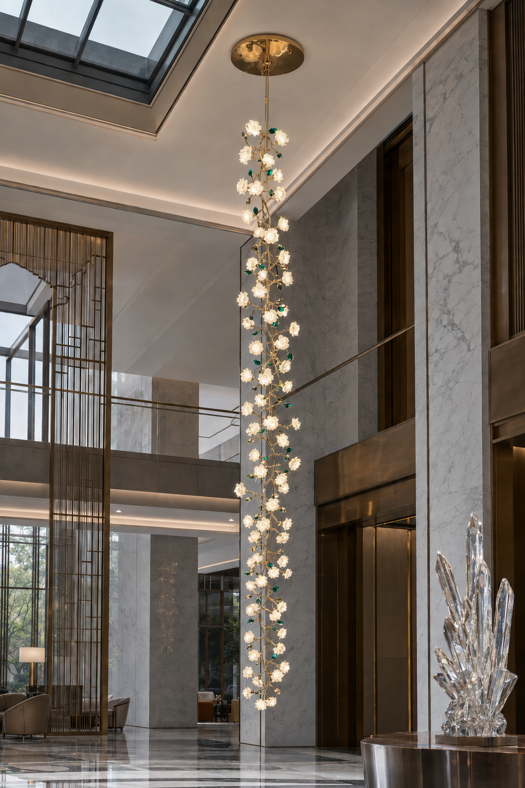 
Sylverelle Handmade Ceramic Flower & Crystal Long Chandelier – Custom