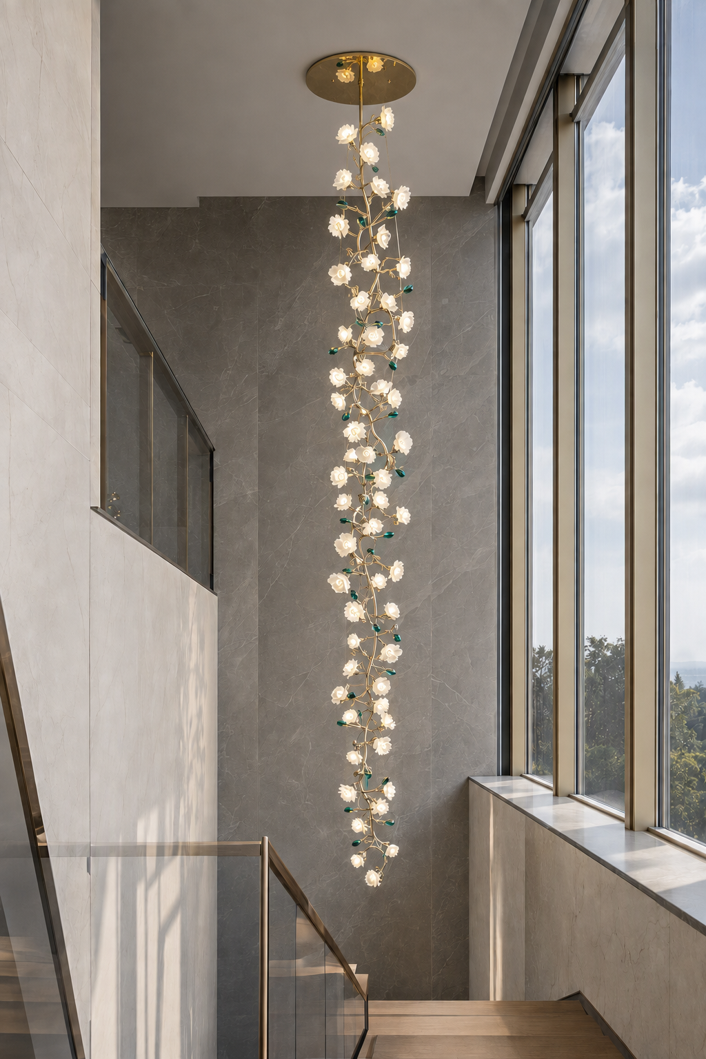 
Sylverelle Handmade Ceramic Flower & Crystal Long Chandelier – Custom