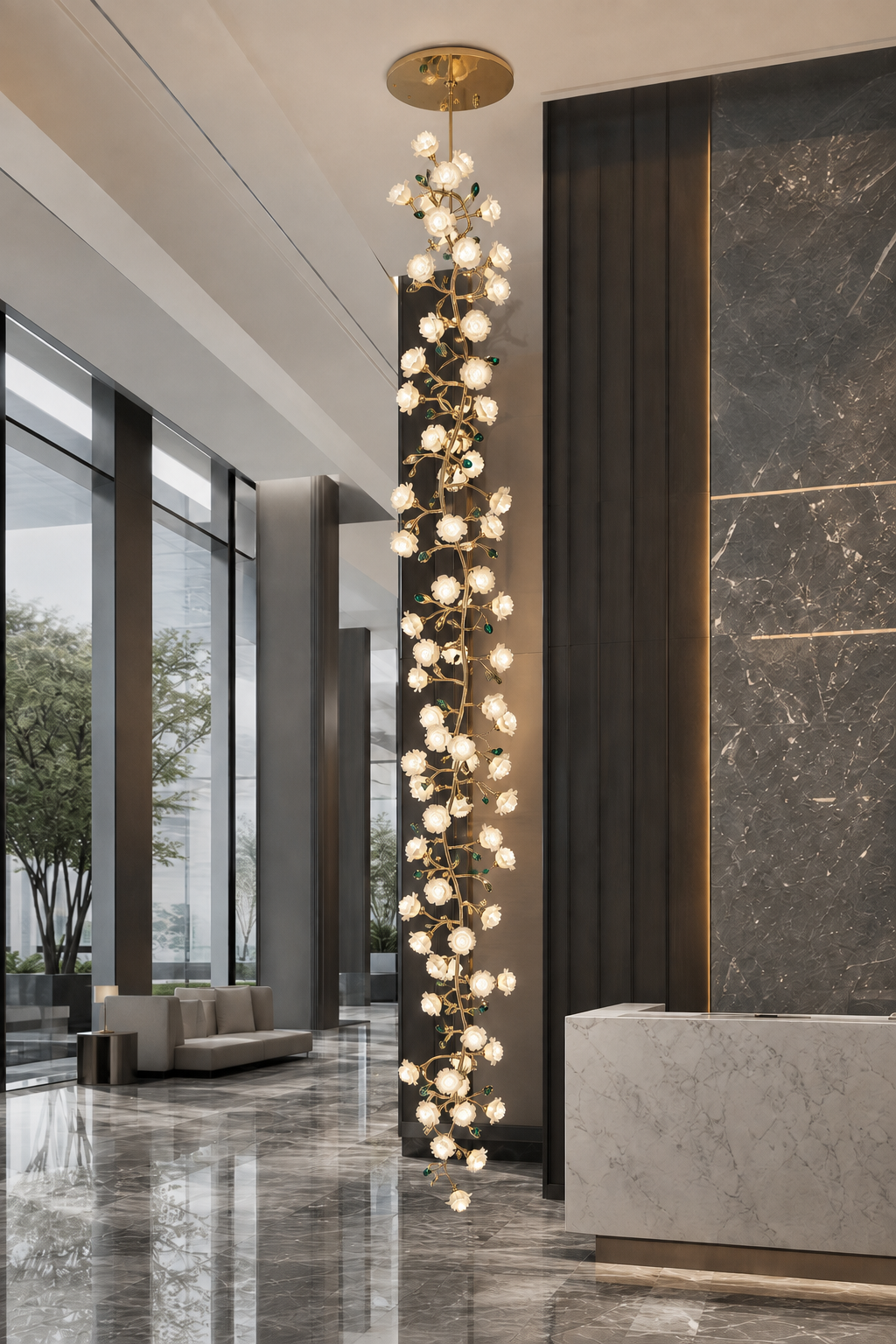 
Sylverelle Handmade Ceramic Flower & Crystal Long Chandelier – Custom