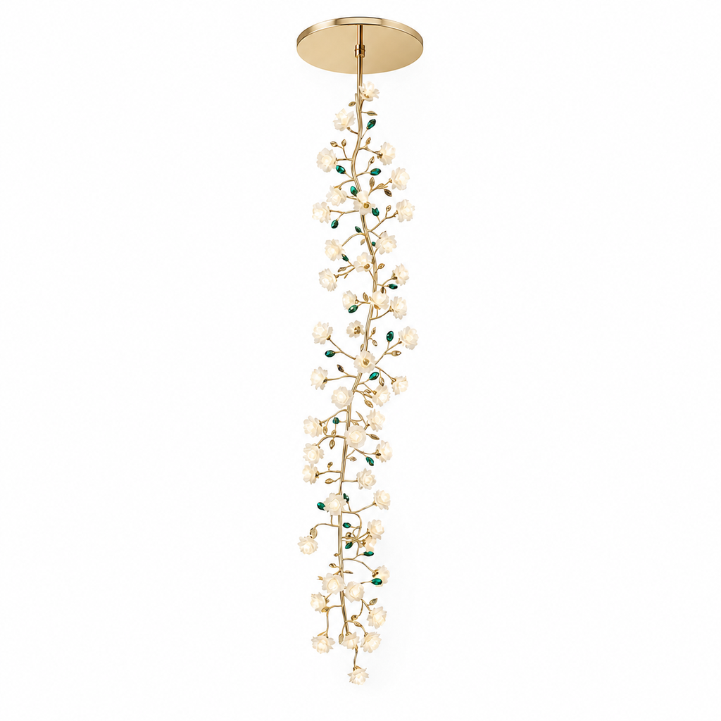 
Sylverelle Handmade Ceramic Flower & Crystal Long Chandelier – Custom