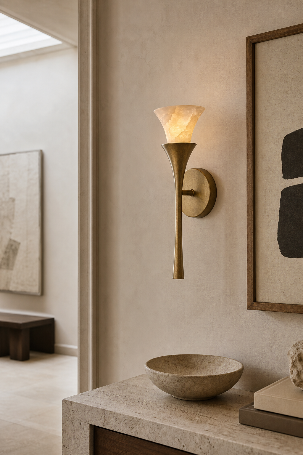 
Sculptural Opal Glass and Alabaster Cala Wall Sconce