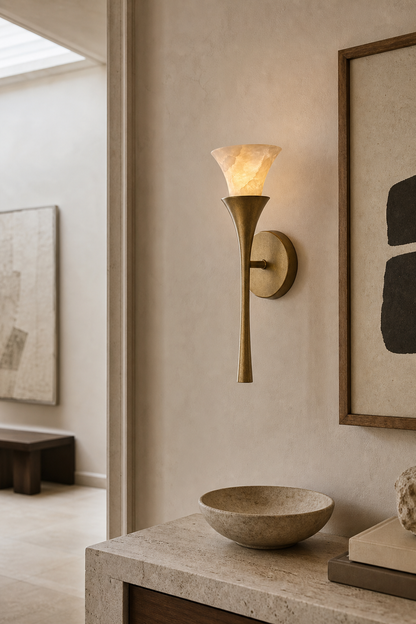 Sculptural Opal Glass and Alabaster Cala Wall Sconce